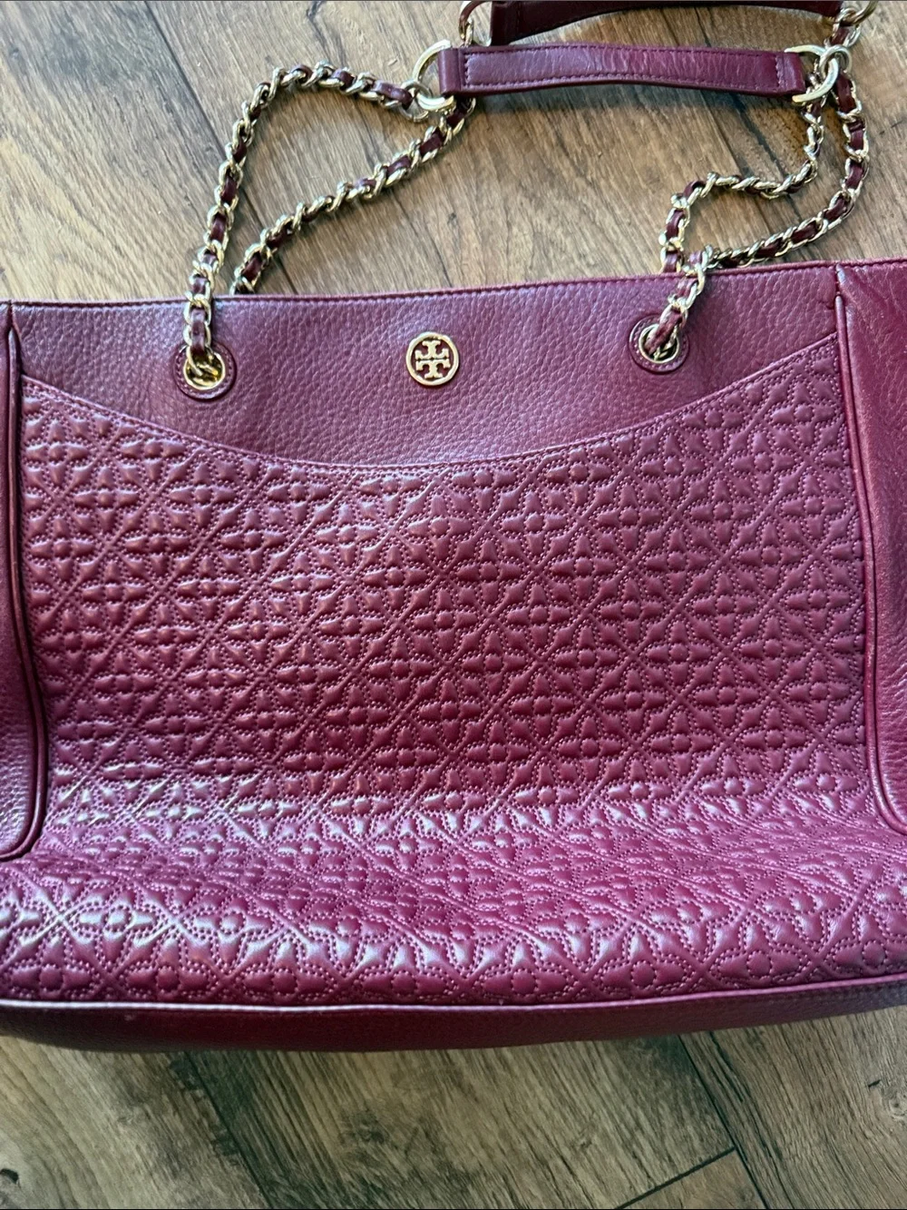 Tory Burch Quilted Leather Tote in Burgundy with Gold Chain Straps